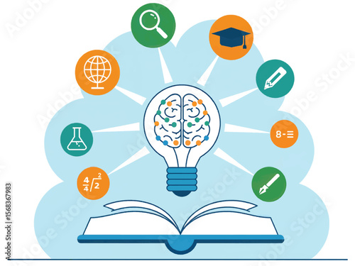 Creative lightbulb with a brain inside connected to educational icons and an open book symbolizing learning and knowledge acquisition isolated on white background