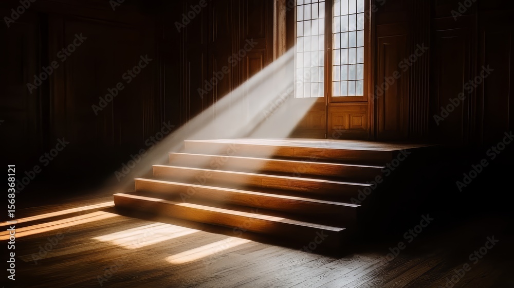 Fototapeta premium Staircase is lit up by the sun, creating a warm and inviting atmosphere. The wooden steps are illuminated, casting a soft glow on the surrounding area. Concept of peace and tranquility