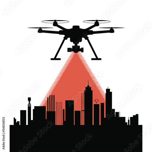 Silhouette of combat drone scanning city with heat vision on isolated black and white background