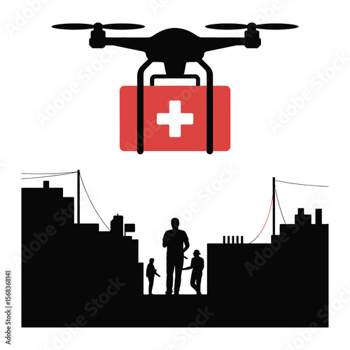 Silhouette of drone carrying red medical kit over emergency zone with emergency zone text on white background