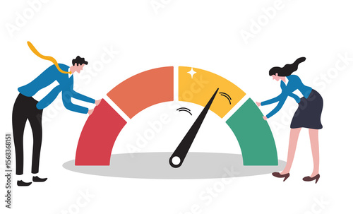 Performance rating, risk management or employee survey score, evaluation or grade assessment, employee engagement, credit score, productivity concept, business people help push measuring gauge scale