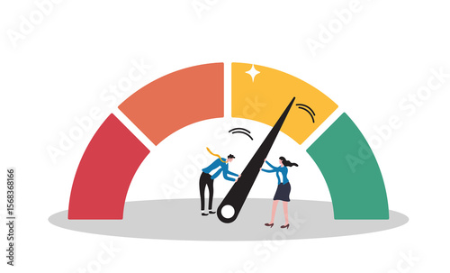 Performance rating, risk management or employee survey score, evaluation or grade assessment, employee engagement, credit score, productivity concept, business people help push measuring gauge scale