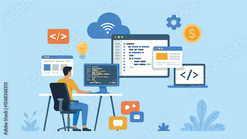 Programmer working on computer with cloud computing coding finance and communication icons isolated on white background