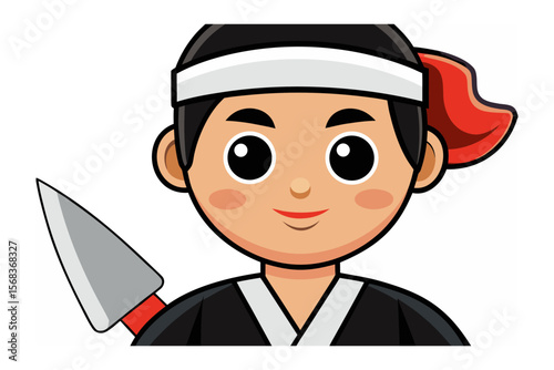 Cute Cartoon Chef: A charming cartoon illustration of a young chef, donning a traditional headband and holding a large kitchen knife, exudes a friendly and approachable demeanor.