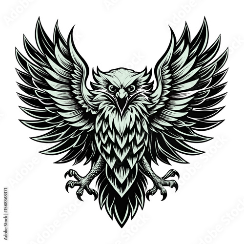 Fierce Tribal Eagle Vector Illustration – Aggressive Bird of Prey with Wings Spread Wide in Black and White