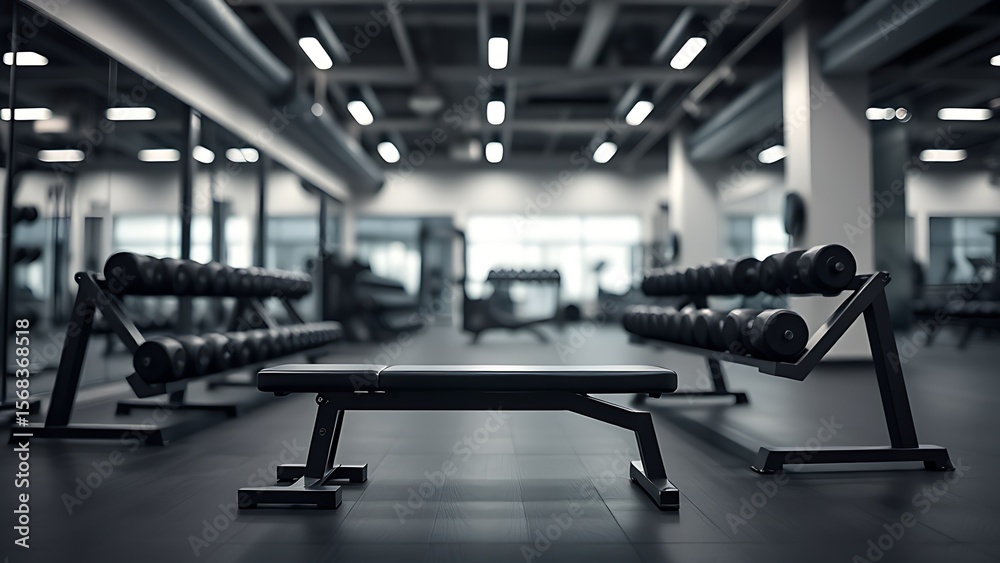 Fototapeta premium Minimalist gym setup featuring a weight bench and dumbbells, evoking a professional athletic environment.