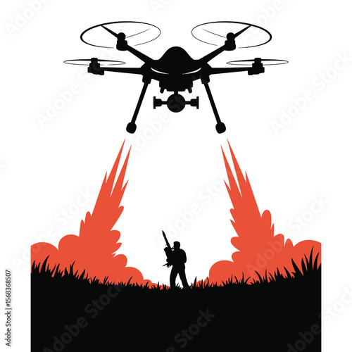 Silhouette of drone firing missiles from sky in war scene on isolated black and white background