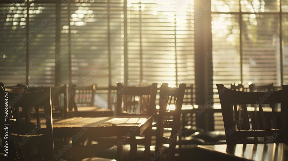 Obraz premium Empty restaurant interior with chairs stacked on tables, conveying quiet finality of closure. Abandoned cafe, business shutdown, last day of operation, deserted dining space concept.