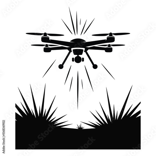 Silhouette of five military drones flying in formation above battlefield with trenches and ruins on white background