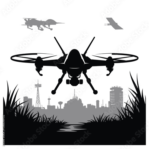Silhouette of fighter drone locked on enemy base in tactical scene on isolated black and white background