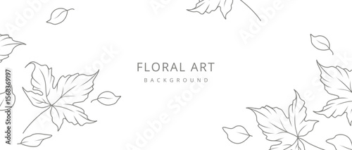Autumn floral background with minimalistic branches and leaves in line art style. Hand drawn botanical elements. Frame with maple leaves. Vector illustration