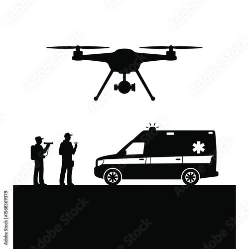 Silhouette of first responder drone flying over ambulance scene on isolated black and white background