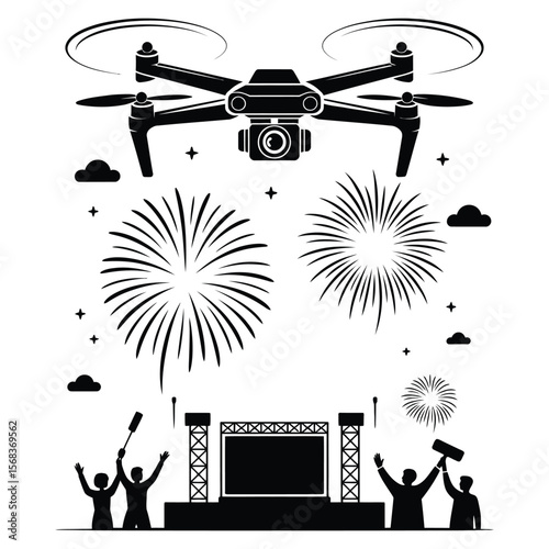 Silhouette of flying drone recording fireworks or concert scene on isolated black and white background