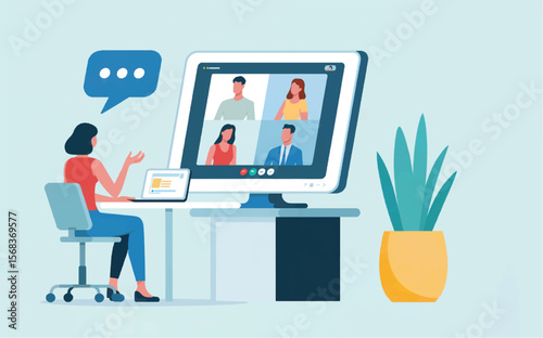 Woman participating in a video conference call with colleagues on a computer screen and laptop isolated on white background