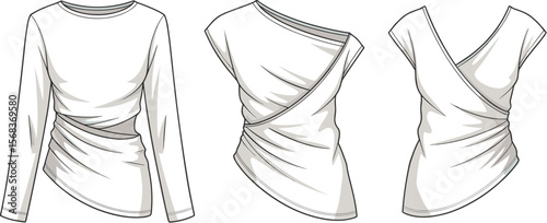 Asymmetrical top vector, women’s wrap top sketch, draped blouse template, fashion flat illustration, one shoulder top, stylish ruched shirt design