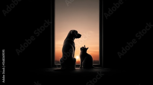 Minimalist silhouette of a dog and cat sitting on a windowsill, looking outside at a sunset sky