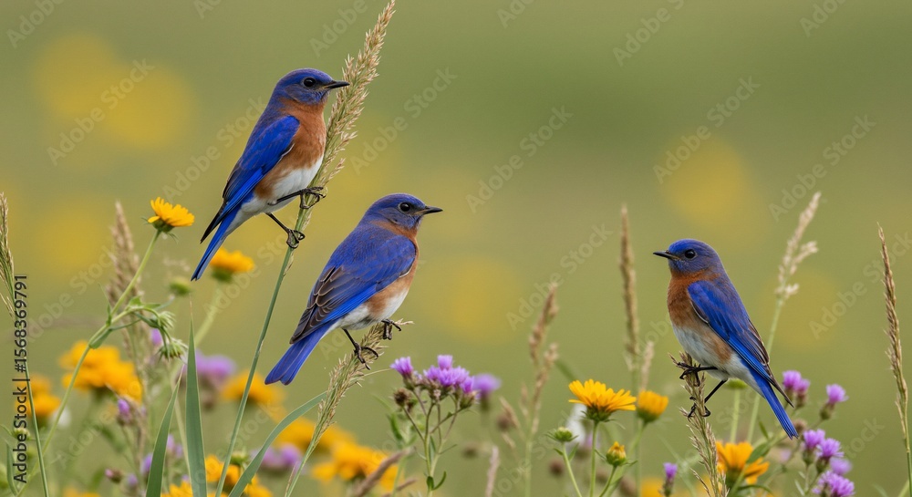 Obraz premium Three Eastern Bluebirds Perched Amongst Wildflowers in Natural Habitat