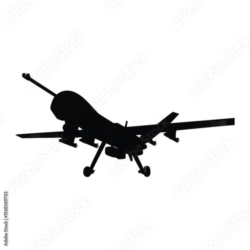 Silhouette of modern military drone with gun turret and angular design on clean white background