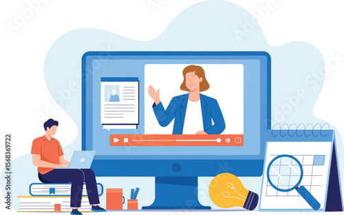Man sitting on books using laptop watching online course with female instructor on computer screen isolated on white background