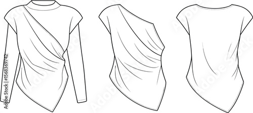 Asymmetrical fashion top, women’s draped shirt vector, ruched blouse flat sketch, stylish one shoulder design, modern fashion template, technical drawing blouse