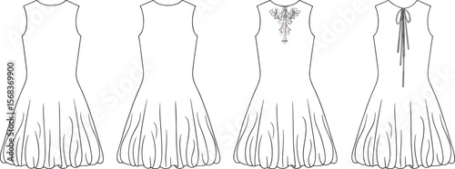 Girls dress vector, baby bubble hem dress, fashion flat sketch, toddler dress back detail, sleeveless dress outline, kids clothing template