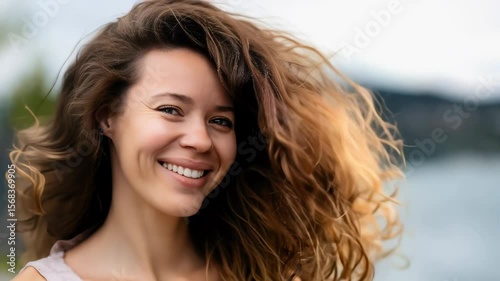 portrait of happy brunette woman with waving hair on the wind 7