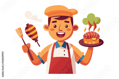 Happy Chef with Grilled Dish: A cheerful cartoon chef proudly presents a sizzling grilled dish and barbecue utensils, embodying culinary expertise and deliciousness.