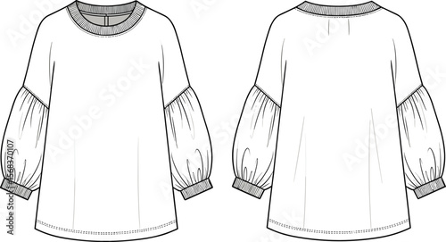 Long Puff Sleeve Dress Flat Technical Drawing, Front and Back View, Ribbed Cuff Detail, Vector Fashion Template for Women’s Casual Tunic Clothing Design Illustration.