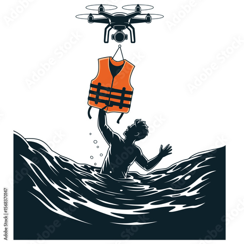 Silhouette of rescue drone dropping life jacket to person in water with dramatic contrast on white background