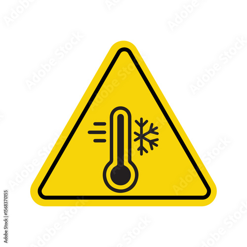 Warning sign indicating low temperature hazard with thermometer and ice symbol on yellow triangular background