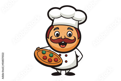 Chef Mascot Pizza: A cheerful cartoon chef proudly presents a delicious pizza, embodying culinary delight and restaurant branding.