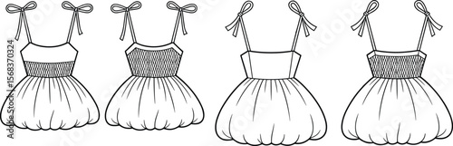 Baby doll dress vector, puff hem dress sketch, smocked bodice fashion flat, girls mini dress template, bow strap dress front back