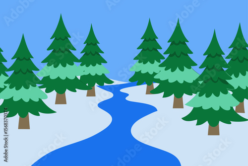 Snow Covered Forest With Tall Evergreens And A Frozen Lake