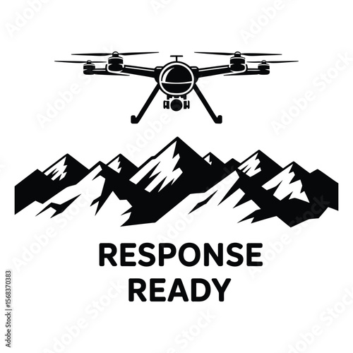 Silhouette of search and rescue drone flying above snow-capped mountains with response ready text