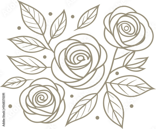 Elegant outline illustration of roses and leaves featuring a minimalist floral design for decorative purposes. roses, rose, floral, flowers, bloom, leaves.