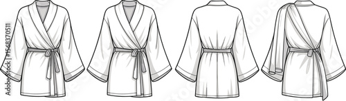 Kimono robe vector, wrap bathrobe sketch, fashion loungewear drawing, belted robe flat, women's sleepwear technical, front back view robe
