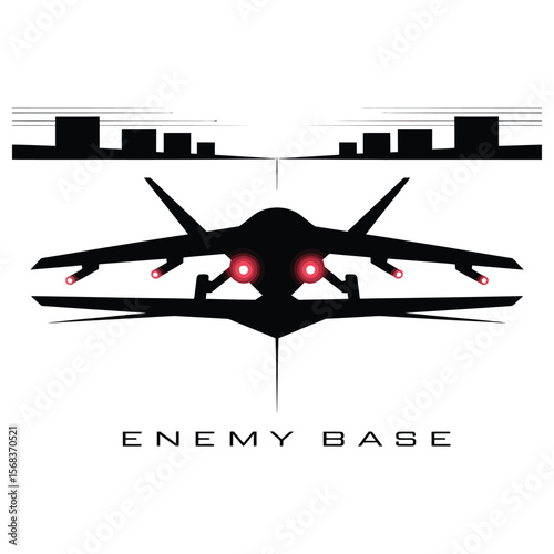 Silhouette of sleek fighter drone targeting enemy base with red lights and enemy base text on white background