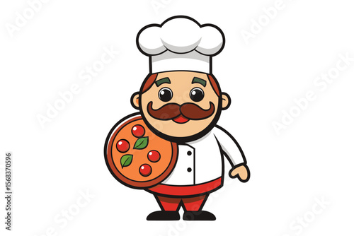 Chef Cartoon Mascot: A cheerful cartoon chef with a prominent mustache proudly presents a freshly-baked pizza, symbolizing culinary expertise and deliciousness.
