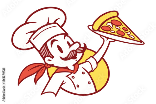 The Chef's Culinary Creation: A charming chef, his mustache twirled with pride, presents a delectable slice of pizza, embodying the artistry and passion of the culinary world.