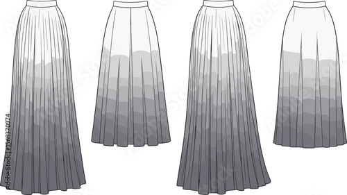 Gradient pleated skirt design, women fashion template, ombre long skirt vector, clothing illustration, maxi skirt sketch, front back view fashion