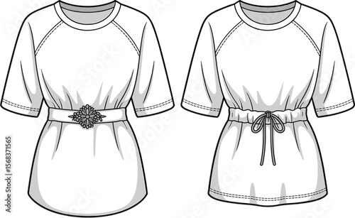 Waist belt floral top, cinched blouse design, tie waist fashion sketch, short sleeve tunic, elegant t-shirt design, vector garment illustration, belt detail