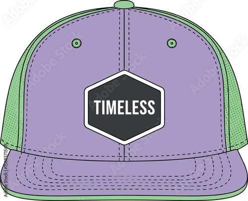 Trucker Cap with Mesh Back and Patch Logo, Flat Technical Drawing, Front View Vector Template, Unisex Streetwear Snapback Hat Fashion Apparel Illustration Design.