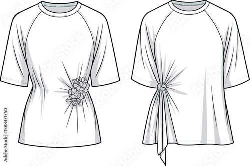 Floral knot blouse design, asymmetrical fashion top, flower embellishment tee, side gathered shirt, stylish women’s t-shirt, vector fashion sketch, front side view