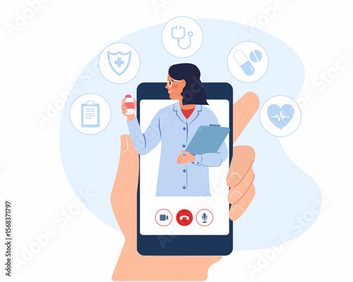 Online medicines consultation with doctor via video call vector illustration