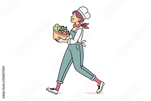 Fresh Harvest: A cheerful cook carries a basket of freshly picked vegetables and herbs, bringing the flavors of the farm to the kitchen in this illustration.