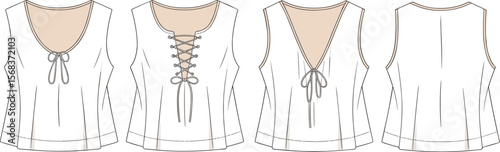 Lace-up crop top, sleeveless blouse vector, back tie top, fashion flat sketch, scoop neck tank, women’s technical drawing, summer top design