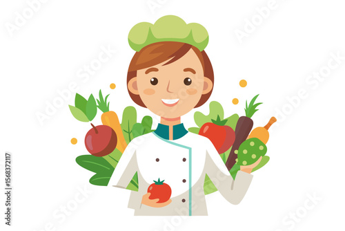 Culinary Delight: An illustrative representation of a smiling chef, holding vibrant produce, embodies culinary excellence and healthy eating. 