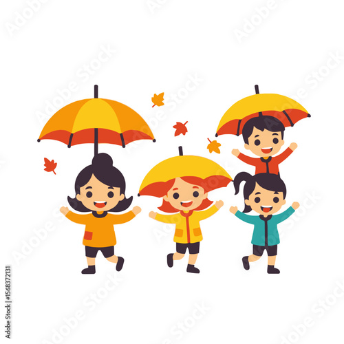 Autumn Fun with Kids and Umbrellas - Happy Children Playing in Fall Season with Colorful Leaves and Rain Protection - Cute Vector Illustration for Seasonal Designs