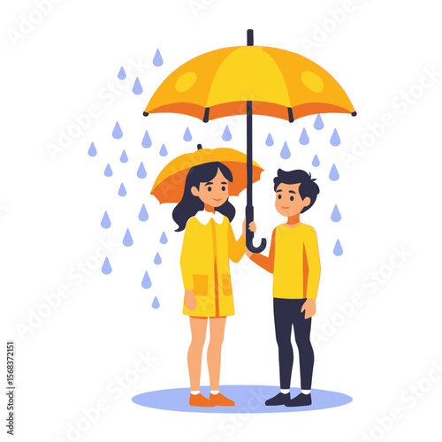 Cartoon couple in rain with yellow umbrella-Cute vector art of a boy and girl sharing umbrella in the rain-Rainy day illustration with happy teenagers-Romantic rainy scene