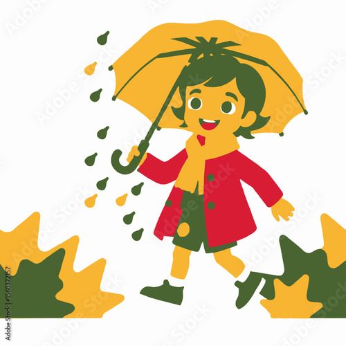 Cartoon Girl with Umbrella in Autumn Rain- Cute Child Walking in Fall- Vector Illustration for Seasonal Designs- Kid Enjoying Rainy Weather